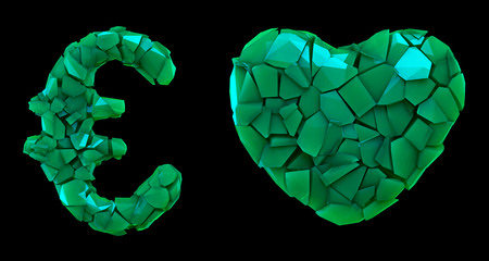Symbol collection euro and heart made of 3d render plastic shards green color.の写真素材