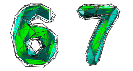 Number set 6, 7 made of green color glass. Collection symbols of low poly style green color glass isolated on white background 3d renderingの写真素材