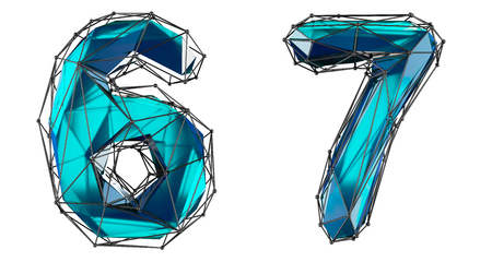 Number set 6, 7 made of realistic 3d render blue color. Collection of low polly style symbol isolated on white backgroundの写真素材