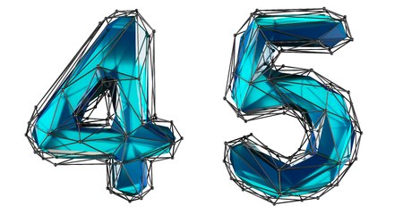 Number set 4, 5 made of realistic 3d render blue color. Collection of low polly style symbol isolated on white backgroundの写真素材