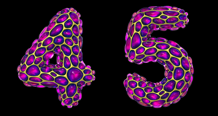 Number set 4, 5 made of realistic 3d render golden shining metallic. Collection of gold shining metallic with pink color glass symbol isolated on black backgroundの写真素材