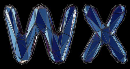Letter set W, X made of realistic 3d render blue color. Collection of low polly style alphabet isolated on black background 3dの写真素材