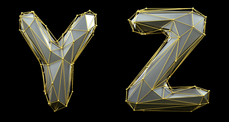 Letter set Y, Z made of realistic 3d render silver color. Collection of gold low polly style alphabet isolated on black backgroundの写真素材