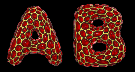 Realistic 3D letters set A, B made of gold shining metal letters. Collection of gold shining metallic with red glass symbol isolated on black backgroundの写真素材