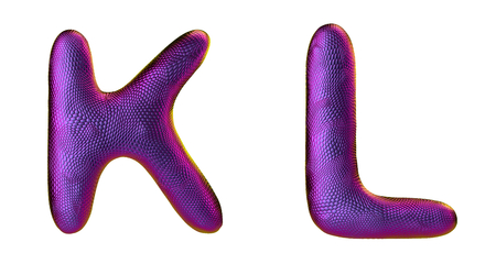 Letter set K, L made of realistic 3d render natural purple snake skin texture. Collection of snake skin texture with purple color symbol isolated on white backgroundの写真素材