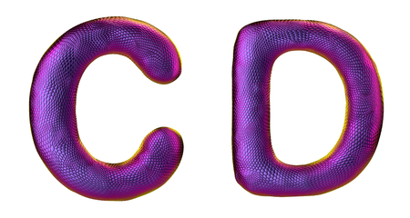 Letter set C, D made of realistic 3d render natural purple snake skin texture. Collection of snake skin texture with purple color symbol isolated on white backgroundの写真素材