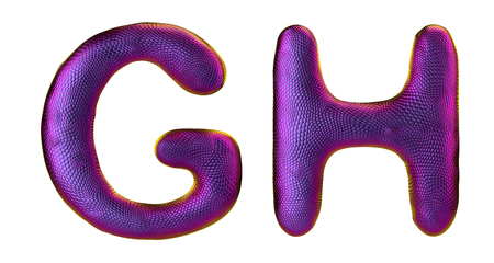 Letter set G, H made of realistic 3d render natural purple snake skin texture. Collection of snake skin texture with purple color symbol isolated on white backgroundの写真素材