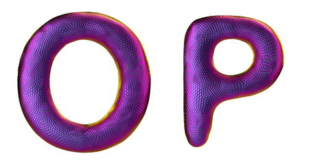 Letter set O, P made of realistic 3d render natural purple snake skin texture. Collection of snake skin texture with purple color symbol isolated on white backgroundの写真素材