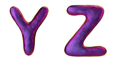 Letter set Y, Z made of realistic 3d render natural purple snake skin texture. Collection of snake skin texture with purple color symbol isolated on white backgroundの写真素材