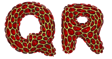 Realistic 3D letters set Q, R made of gold shining metal letters. Collection of gold shining metallic with red glass symbol isolated on white backgroundの写真素材