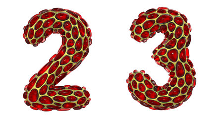 Number set 2, 3 made of realistic 3d render golden shining metallic. Collection of gold shining...