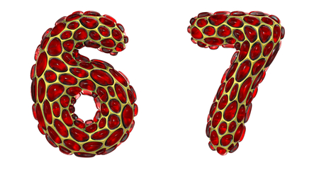 Number set 6, 7 made of realistic 3d render golden shining metallic. Collection of gold shining metallic with red color glass symbol isolated on white backgroundの写真素材