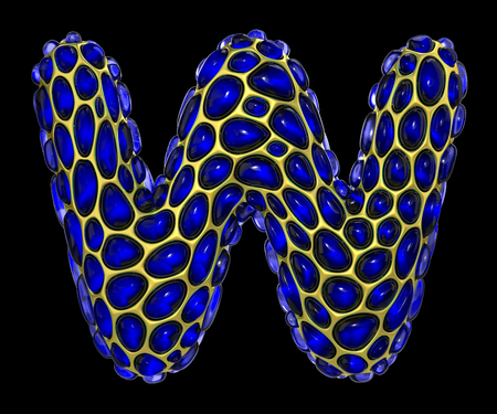 Golden shining metallic 3D with blue glass symbol capital letter W - uppercase isolated on black. 3d renderingの写真素材