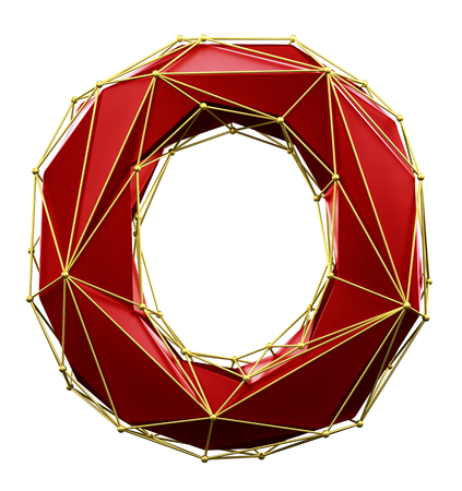 Capital latin letter O in low poly style red and gold color isolated on white background. 3d renderingの写真素材