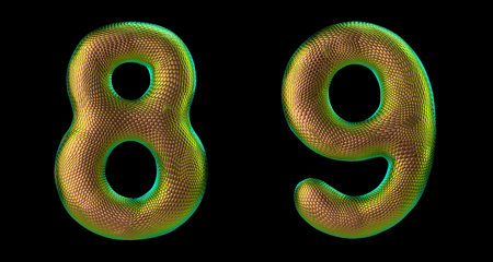 Number set 8, 9 made of realistic 3d render gold color. Collection of natural snake skin texture...