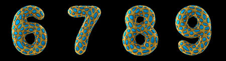 Number set 6, 7, 8, 9 made of realistic 3d render golden shining metallic. Collection of gold...