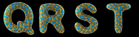 Letter set Q, R, S, T made of realistic 3d render golden shining metallic. Collection of gold...