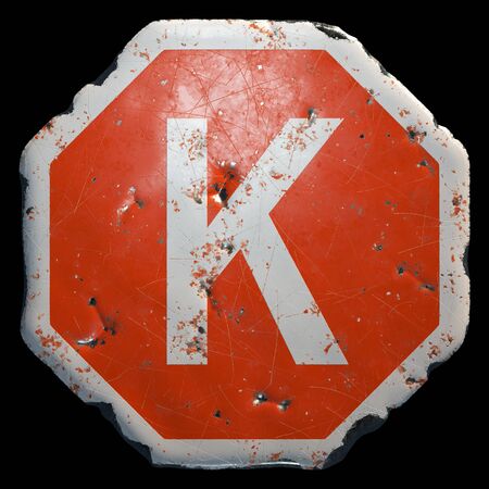 Public road sign in red and white with a capitol letter K in the center isolated on black background. 3d renderingの写真素材