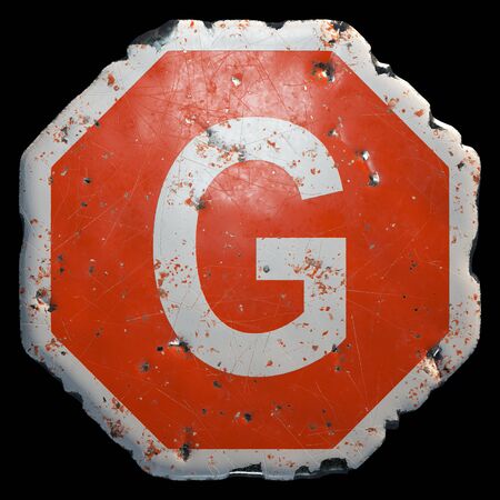 Public road sign in red and white with a capitol letter G in the center isolated on black background. 3d renderingの写真素材