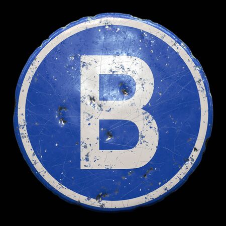 Public road sign in blue color with a capitol white letter B in the center isolated blackの写真素材