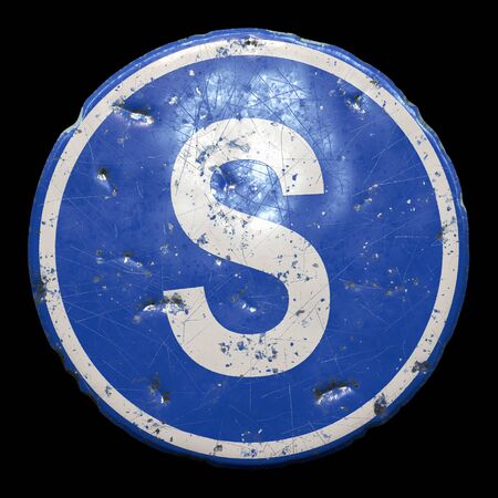 Public road sign in blue color with a capitol white letter S in the center isolated blackの写真素材