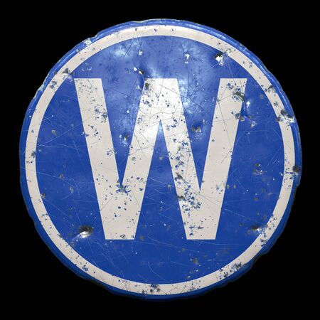 Public road sign in blue color with a capitol white letter W in the center isolated blackの写真素材