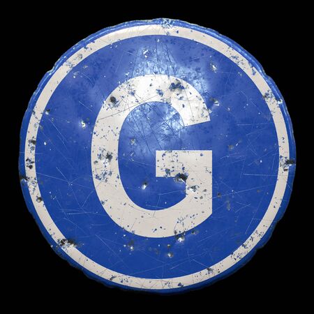 Public road sign in blue color with a capitol white letter G in the center isolated blackの写真素材
