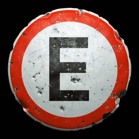 Public road sign in red and white with a capitol letter E in the center isolated on black background. 3d renderingの写真素材