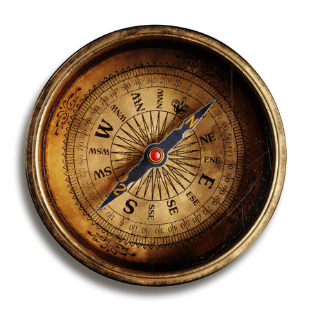 Vintage brass compass isolated on black background 3d renderingの写真素材