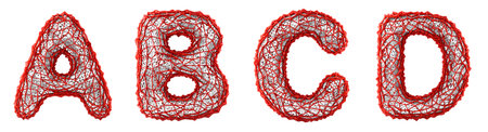 Realistic 3D letters set A, B, C, D made of red plastic. Collection symbols of plastic with abstract...