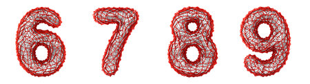 Number set 6, 7, 8, 9 made of red plastic. Collection symbols of plastic with abstract holes...