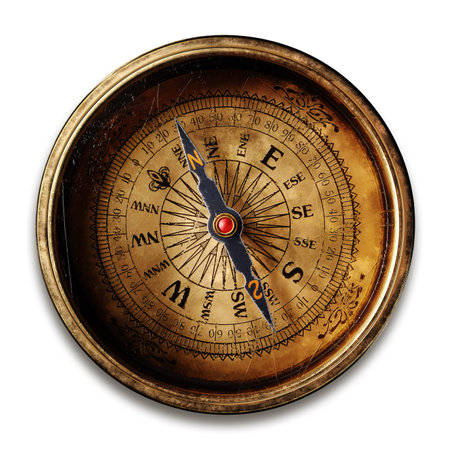 Vintage brass compass isolated on white background 3d rendering