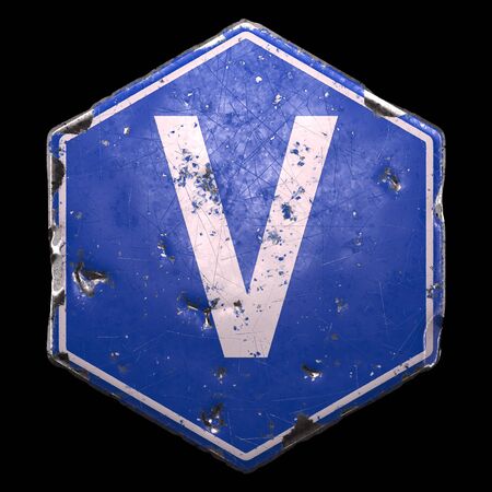 Public road sign in blue color with a capitol white letter V in the center isolated black background. 3d renderingの写真素材