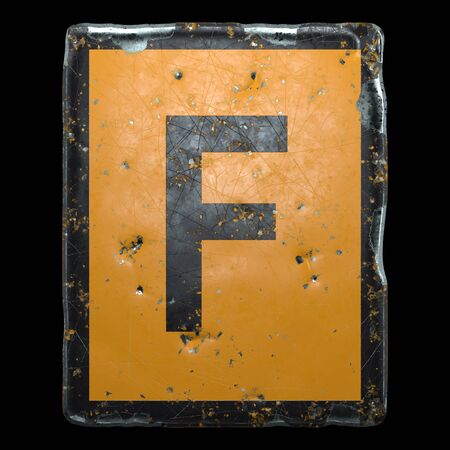 Public road sign orange and black color with a capital letter F in the center isolated on black background. 3d renderingの写真素材