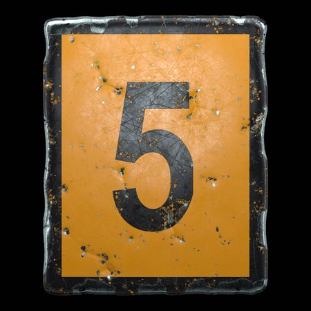 Public road sign orange and black color with a capital letter 5 in the center isolated on black background. 3d renderingの写真素材