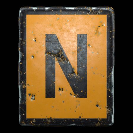 Public road sign orange and black color with a capital letter N in the center isolated on black background. 3d renderingの写真素材