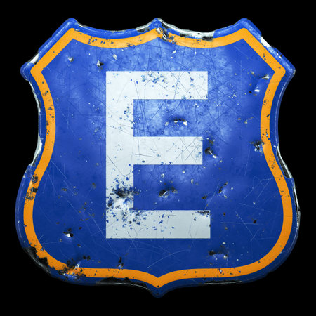 Public road sign in blue and orange color with a capitol white letter E in the center isolated black...