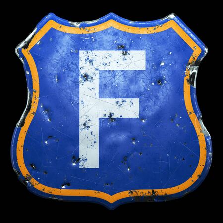 Public road sign in blue and orange color with a capitol white letter F in the center isolated black background. 3d renderingの写真素材