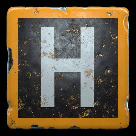 Public road sign orange and black color with a capital letter H in the center isolated on black background. 3d renderingの写真素材