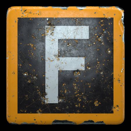 Public road sign orange and black color with a capital letter F in the center isolated on black background. 3d renderingの写真素材