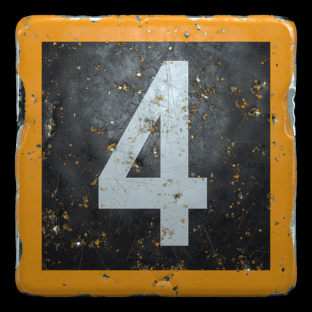 Public road sign orange and black color with a capital letter 4 in the center isolated on black...
