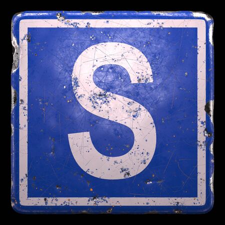 Public road sign in blue color with a capitol white letter S in the center isolated black background. 3d renderingの写真素材