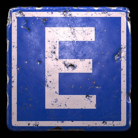 Public road sign in blue color with a capitol white letter E in the center isolated black background. 3d renderingの写真素材
