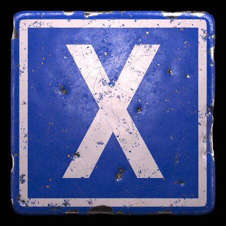 Public road sign in blue color with a capitol white letter X in the center isolated black background. 3d renderingの写真素材