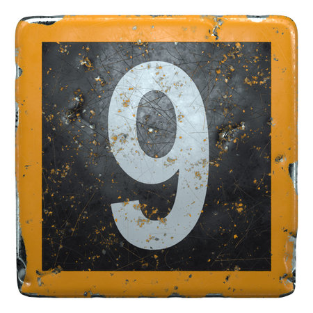 Public road sign orange and black color with a white capital letter 9 in the center isolated...