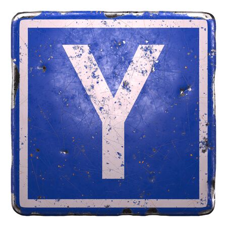 Public road sign in blue color with a capitol white letter Y in the center isolated white background. 3d renderingの写真素材
