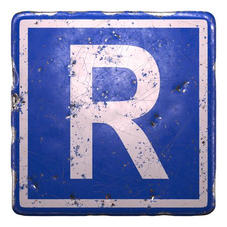 Public road sign in blue color with a capitol white letter R in the center isolated white background. 3d renderingの写真素材