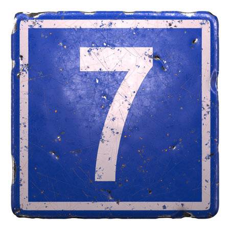 Public road sign in blue color with a capitol white letter 7 in the center isolated white...