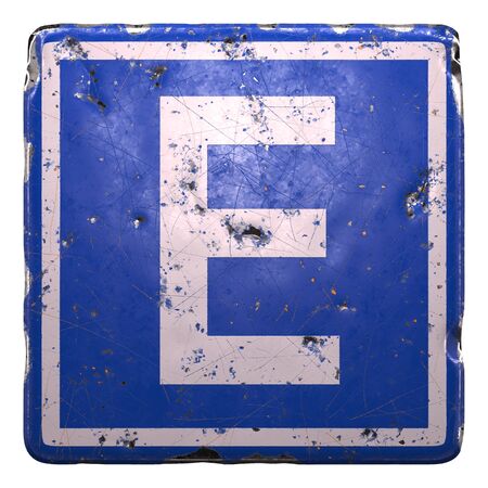 Public road sign in blue color with a capitol white letter E in the center isolated white background. 3d renderingの写真素材