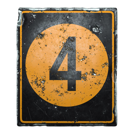 Public road sign orange and black color with a capital letter 4 in the center isolated on white...